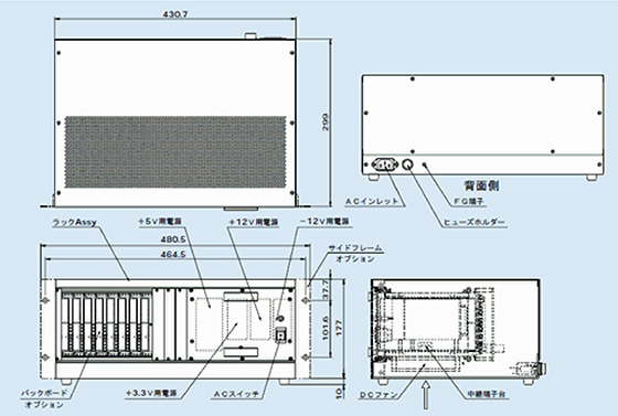 Compact PCIシステムラック（シングルハイトタイプ）の外形図