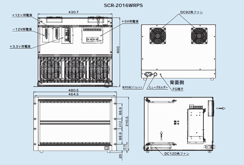 Compact PCIシステムラック（ダブルハイトタイプ）の外形図