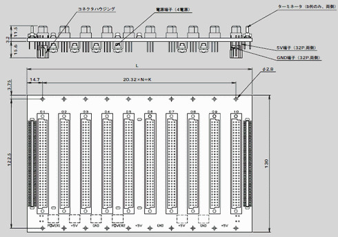 VME-J2バックボード（ユニバーサルタイプ）の外形図