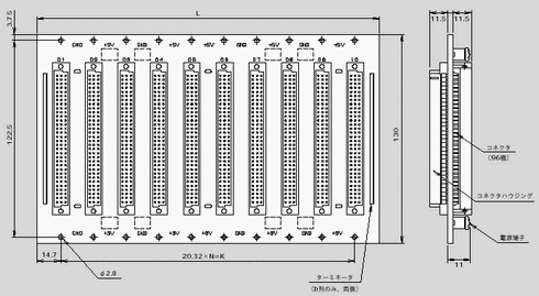 VME-J2バックボード（ベーシックタイプ）の外形図