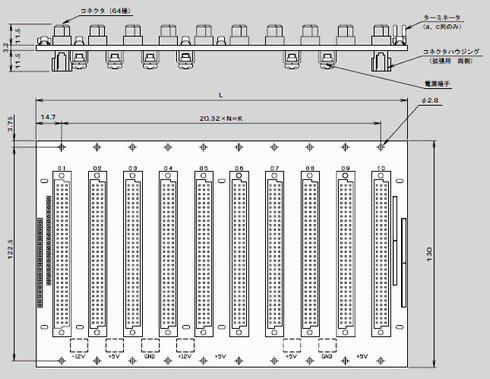 VME-3Uサイズバックボード（IOチャンネルバスバックボード）の外形図