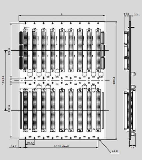 VME-モノリシックバックボード（ベーシック・オートデイジーチェーンタイプ）の外形図